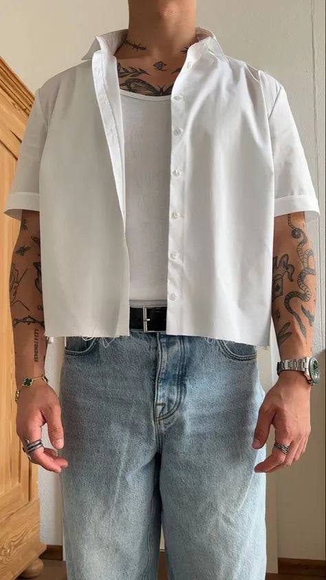 Men's white cropped short sleeve polyester shirt on hanger showing regular fit and plain design