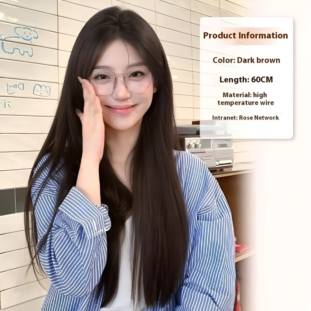 Natural black straight synthetic wig with forehead lace front, shown with hairnet, clips, comb, bracket, and care bottle.