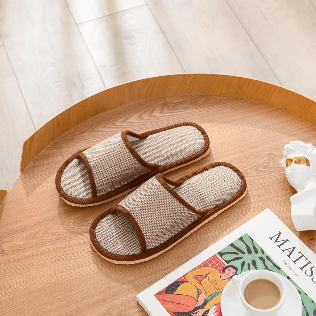 Women's linen open toe slippers in dark coffee colour with thickened sole