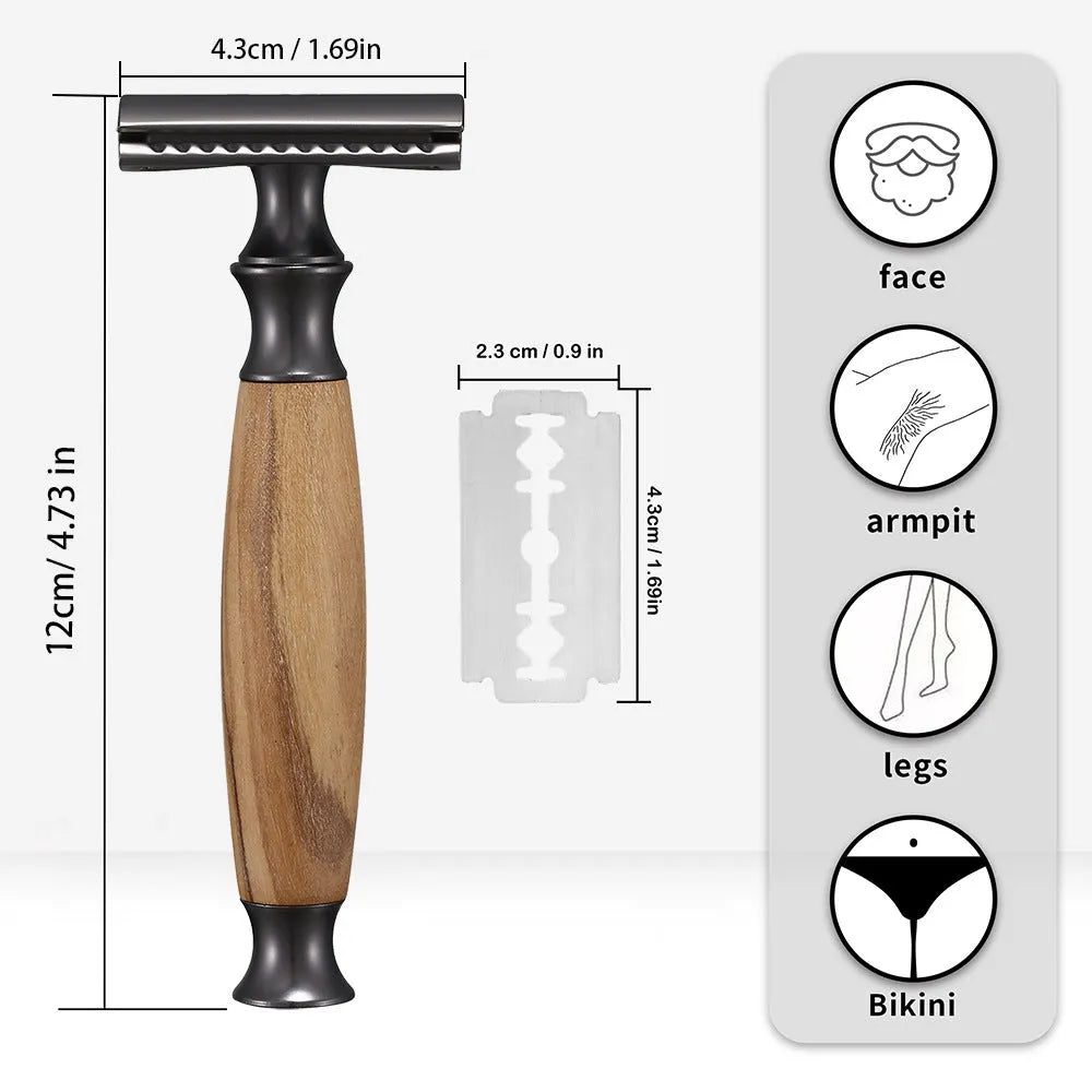 Men's traditional copper manual shaving razor with olive wood handle and metal components