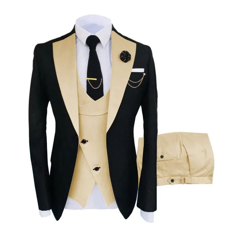 Men's slim fit three-piece business suit in cotton for weddings with vest and trousers