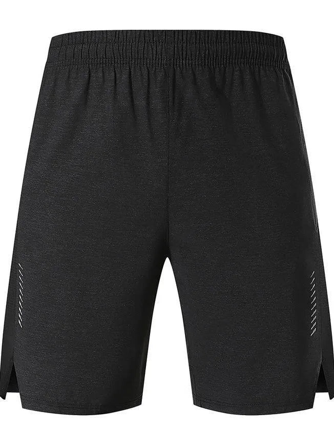 Men's forest green five-point spandex casual shorts on a mid-waist fit model.