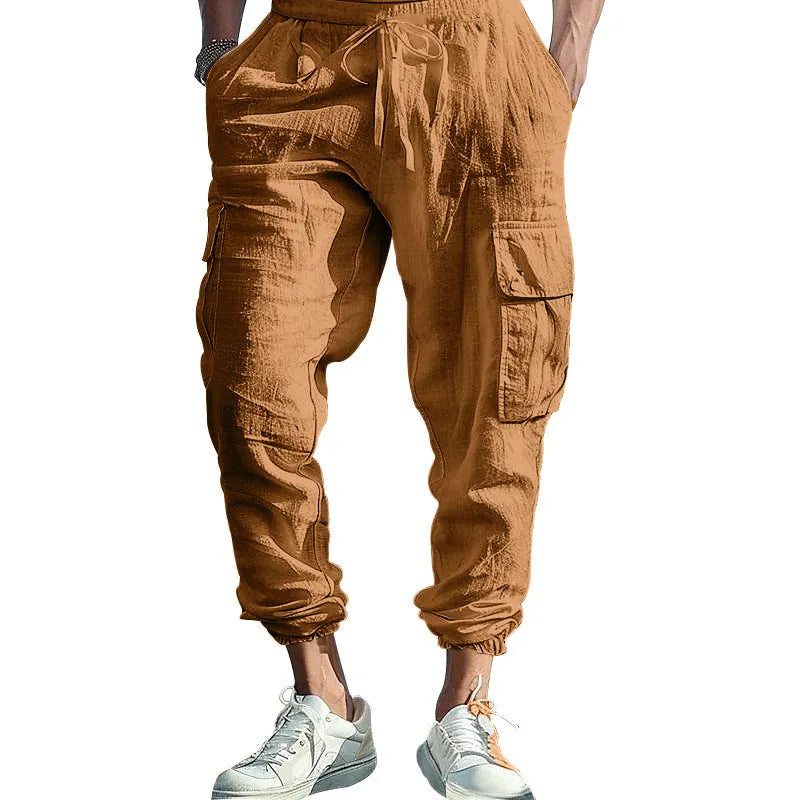 Men's linen casual trousers with ankle ties and drawstring waist in army green colour