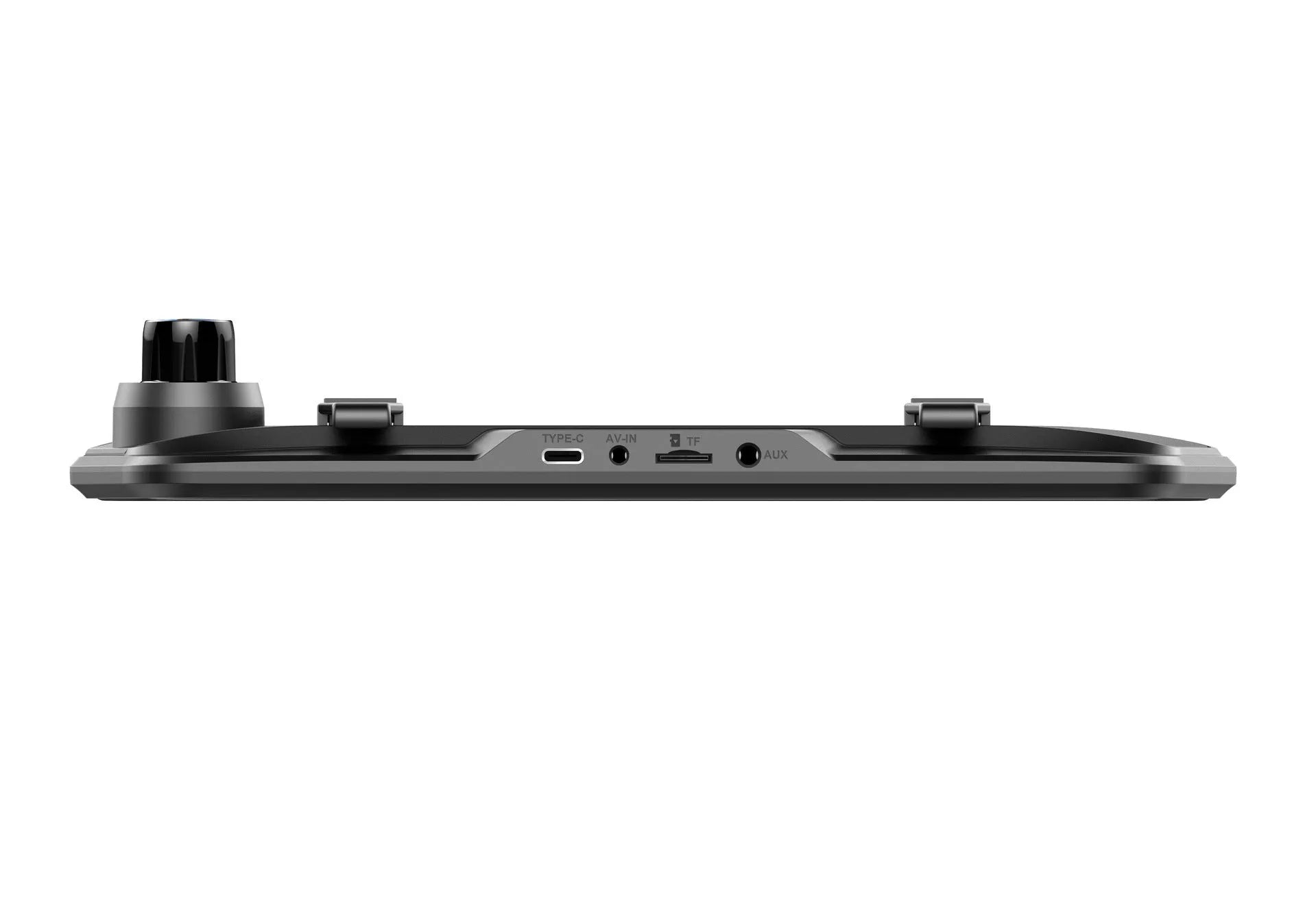 Black dual-lens car dash cam with a large touchscreen mounted on a rearview mirror