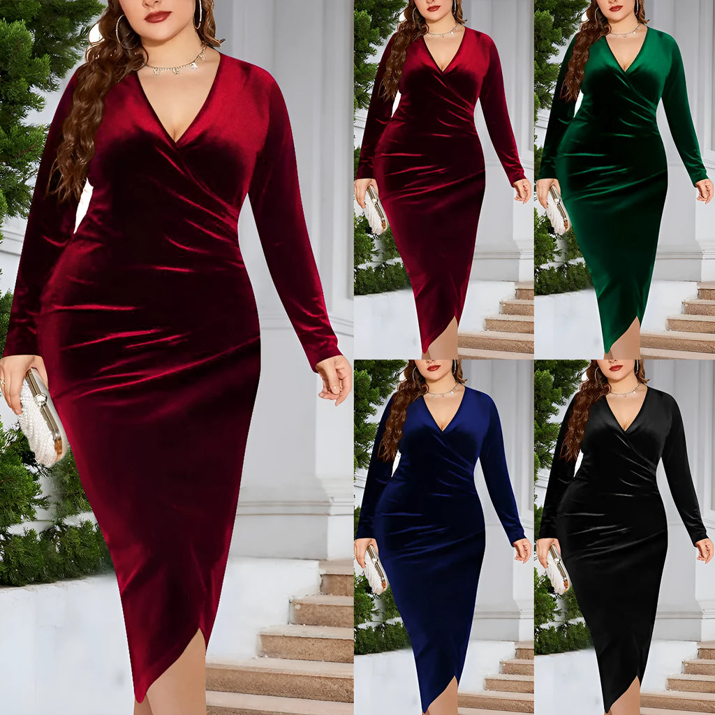 Women's red V-neck long sleeve polyester dress on a hanger, plus size range XL to 5XL