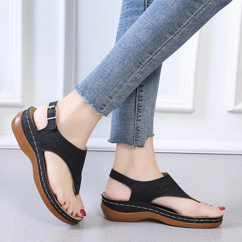 Women's wedge heel flip flop sandals with adjustable buckle strap in solid colours