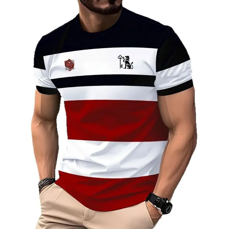 Man wearing a loose fit short-sleeved t-shirt with a digital 3D printed striped pattern.