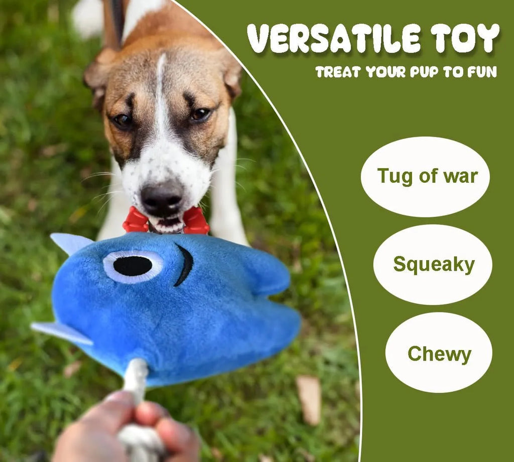 Blue and green monster dog toys with plush bodies and cotton rope limbs.