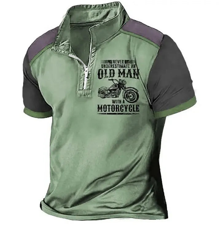 Men's casual polo shirt with lapel collar, digital letter printing, and zip decoration detail in short sleeve design