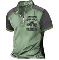 Men's casual polo shirt with lapel collar, digital letter printing, and zip decoration detail in short sleeve design