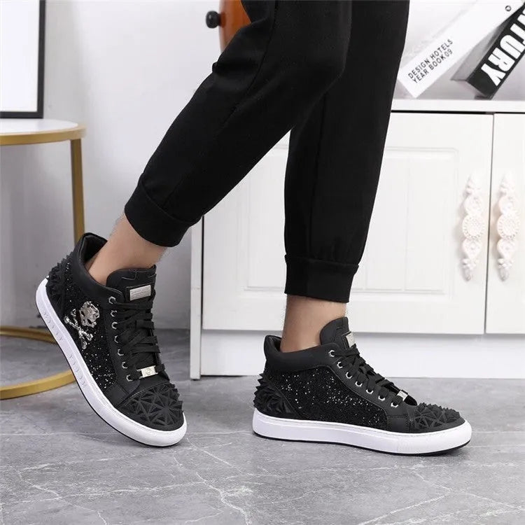 Men's black genuine leather high top skeleton shoes with lace-up closure and round toe design