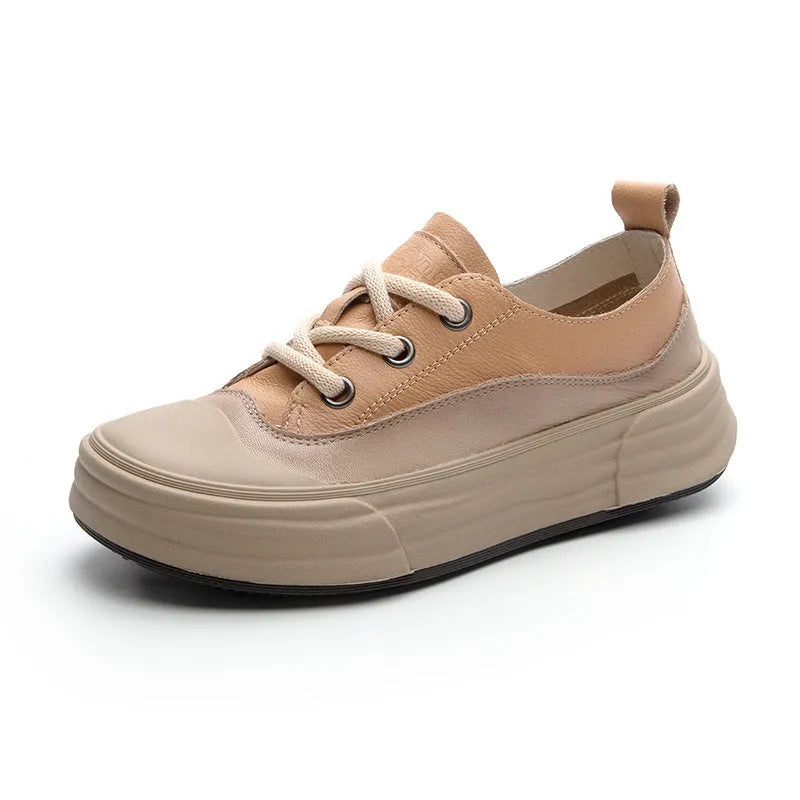 Women's genuine cowhide leather platform sneakers in matcha green, purple, and orange colours with lace-up front