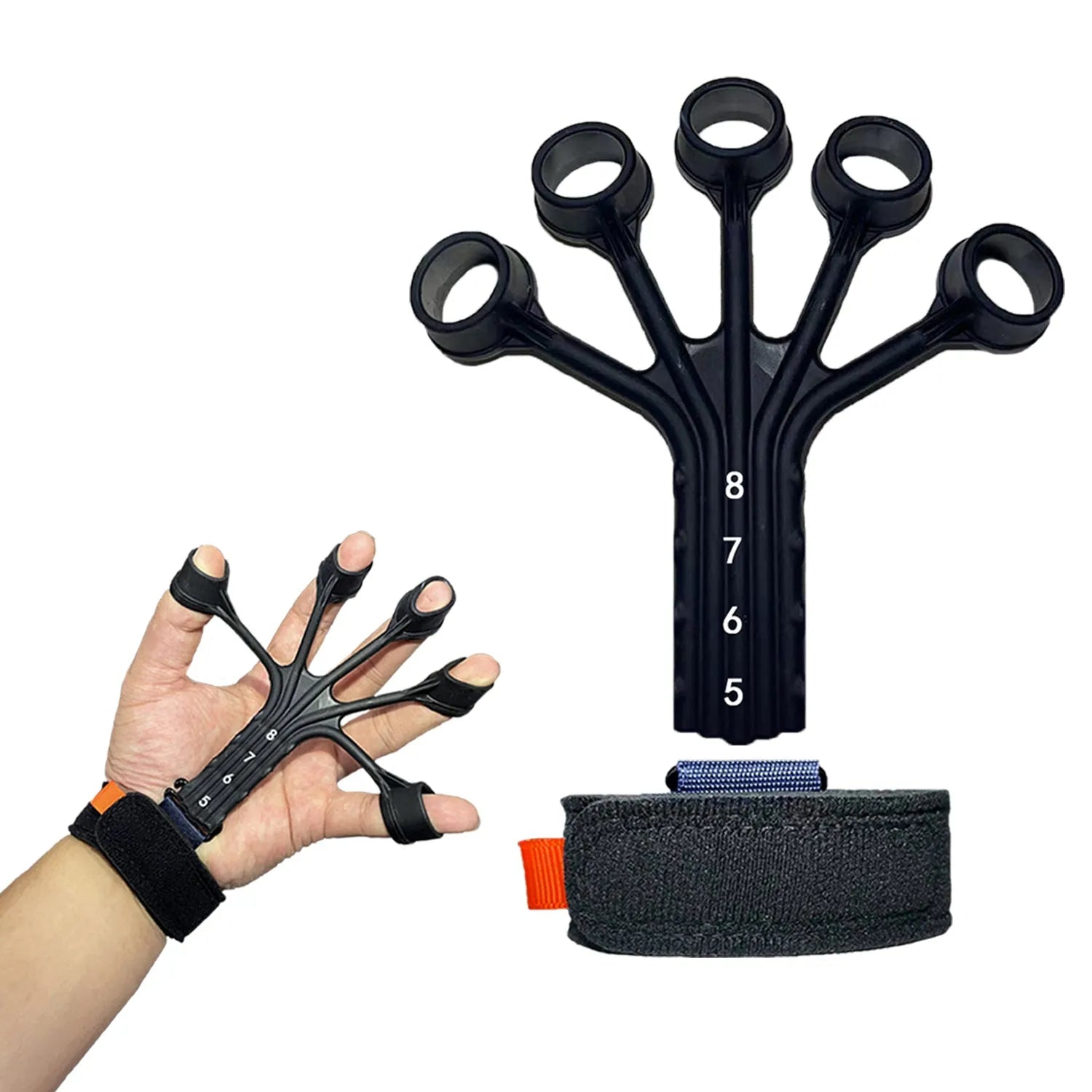 Black silicone finger trainer with adjustable belt for hand rehabilitation exercises