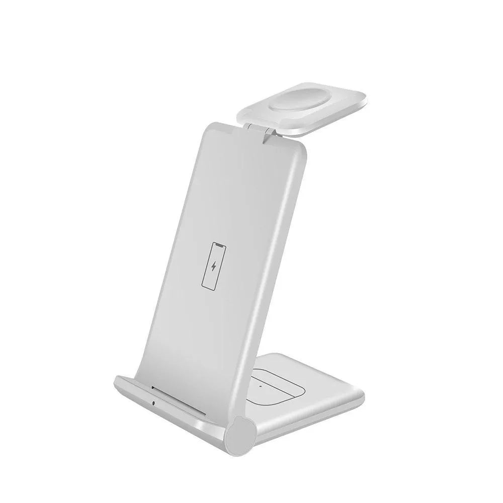 White 3-in-1 wireless charging station showing phone, Apple Watch and AirPods charging simultaneously