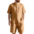 Men's light blue linen short sleeve suit jacket and shorts on a hanger for summer casual wear.