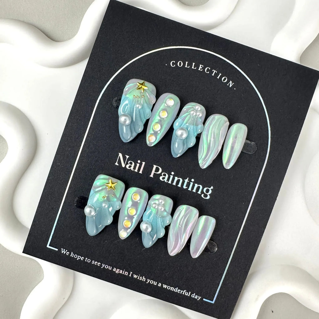 HAILANG blue shell pattern plastic artificial nail tips set showing sizes XS, S, M, L