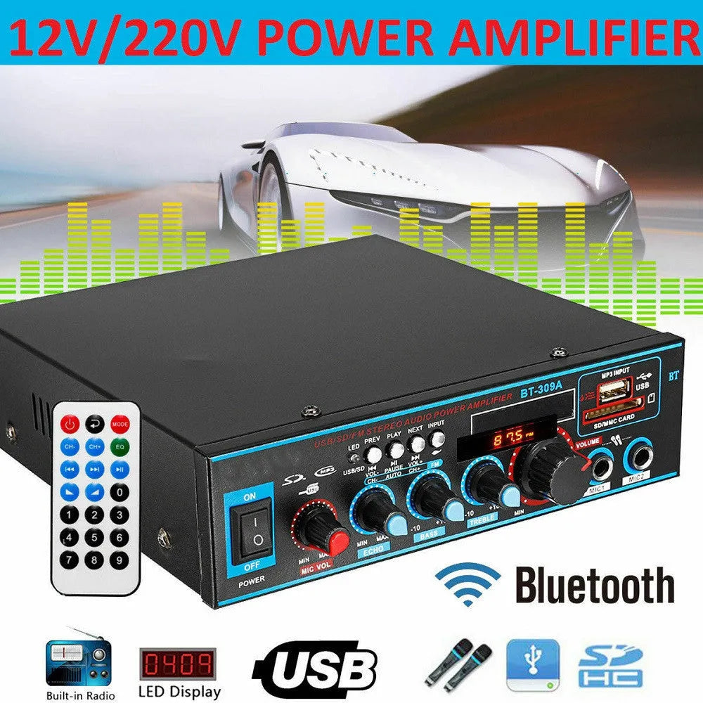 Black BT-309A-A Bluetooth power amplifier with remote control for home and car audio systems