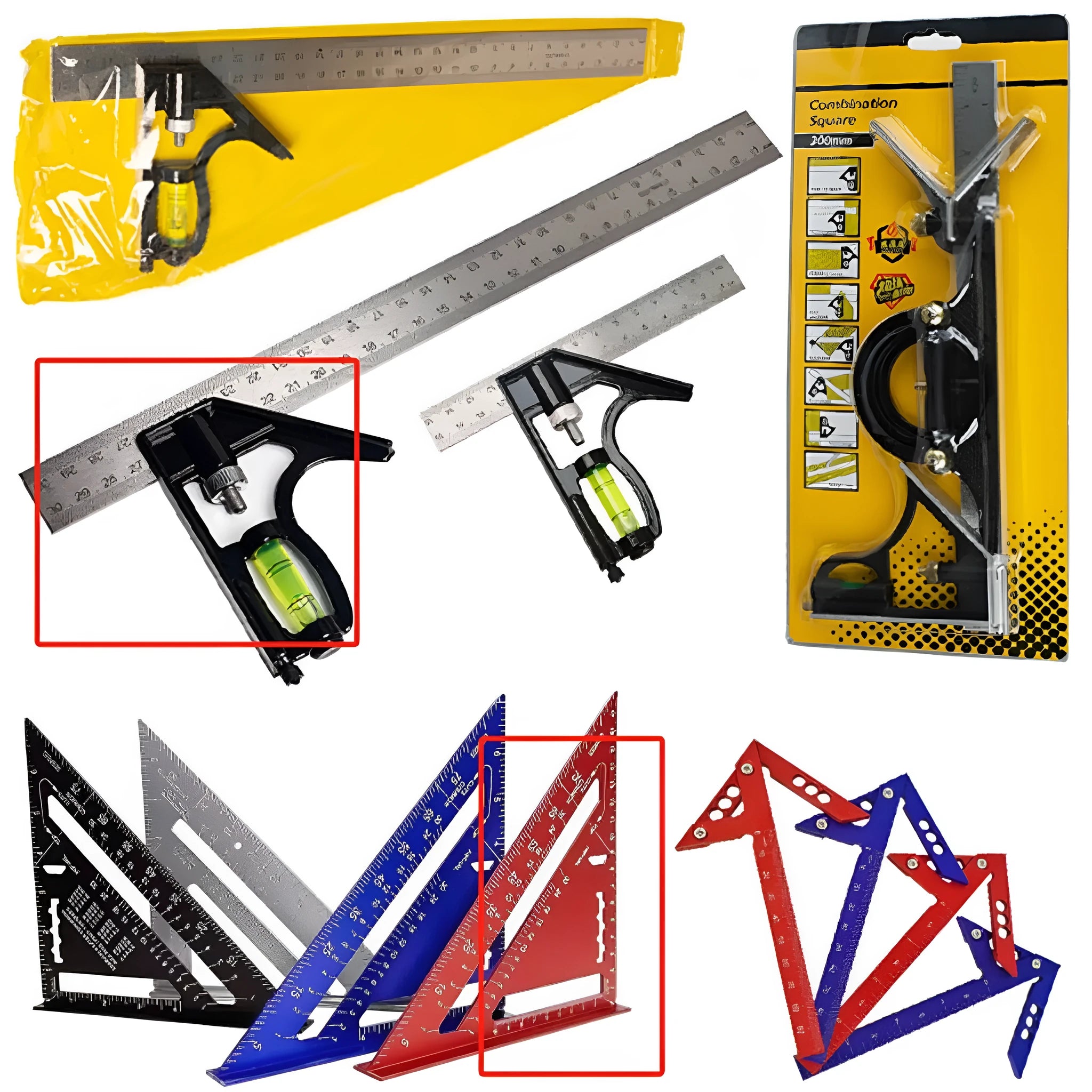 Two red metal combination angle rulers with metric markings in transparent protective bag