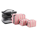 Pink bold stripes flower pattern makeup bag with waterproof synthetic leather and folding compartments