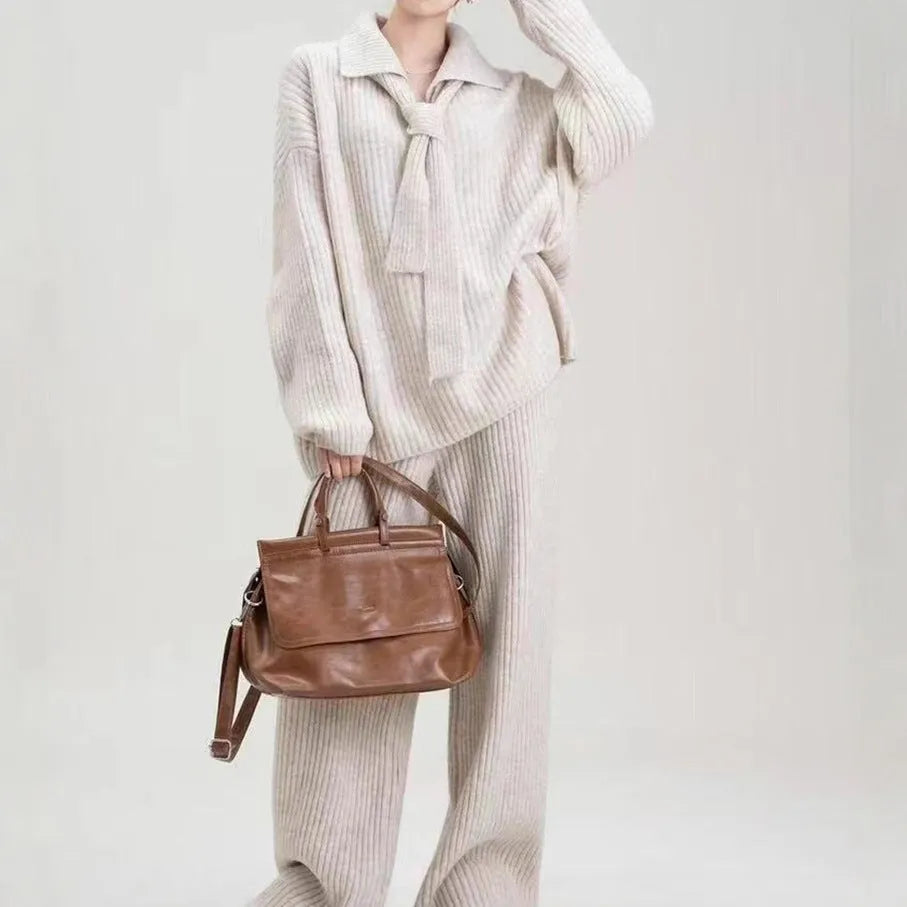 Women's acrylic fibre imitation cashmere knitting top and trousers two-piece set in four colour options
