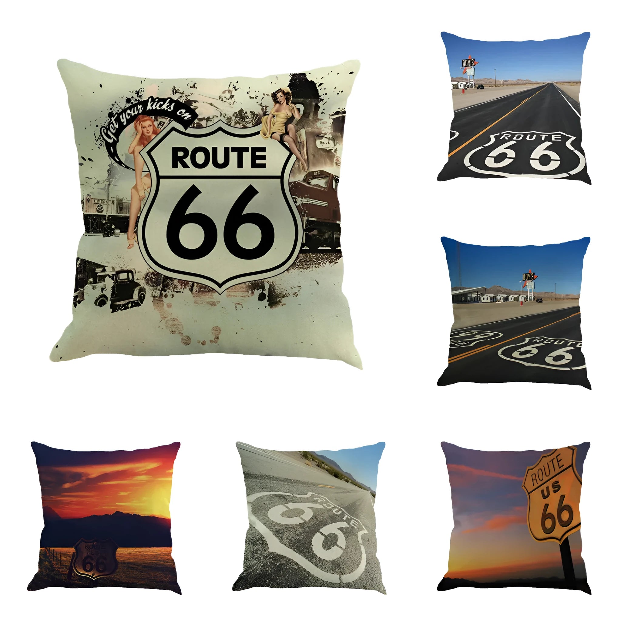 Route 66 landscape pattern on a square linen blend cushion cover for a 45cm pillow.
