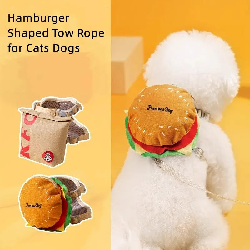 Cartoon hamburger design adjustable escape-proof vest and leash set for cats and dogs on a grey background.