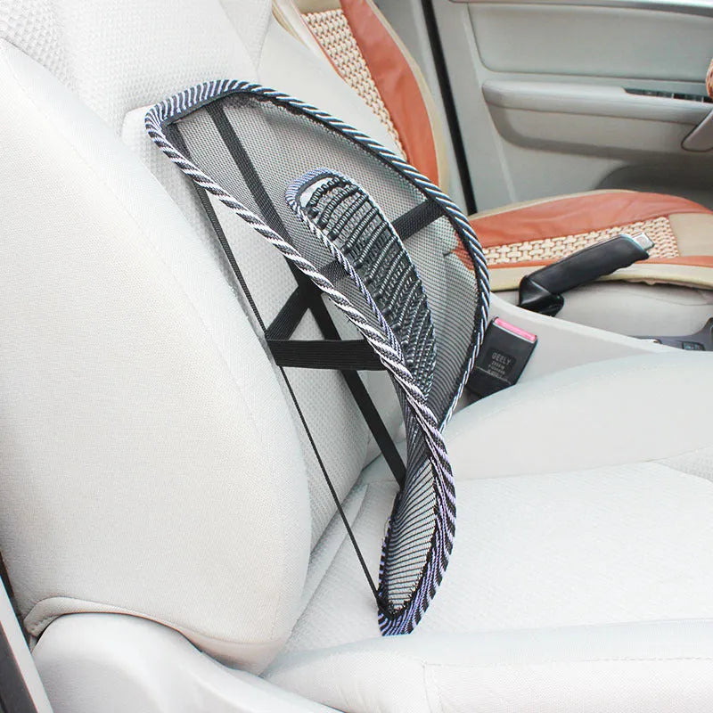 Black leather-textured lumbar support pillow for car seats measuring 41x39 cm