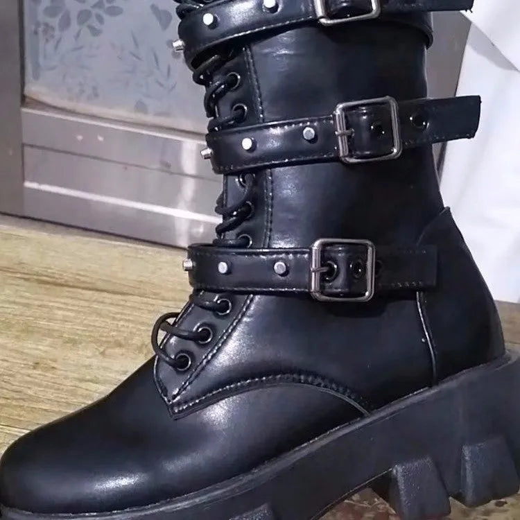 Women's black mid-calf buckle boots with side zipper and round toe