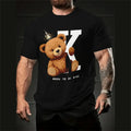 Men's loose fit grey T-shirt with a colourful 3D printed cartoon design on the front.