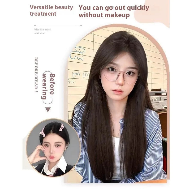 Natural black straight synthetic wig with forehead lace front, shown with hairnet, clips, comb, bracket, and care bottle.