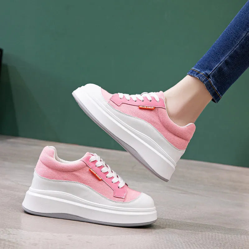 Women's pink and beige leather board shoes with thick soles for height increase