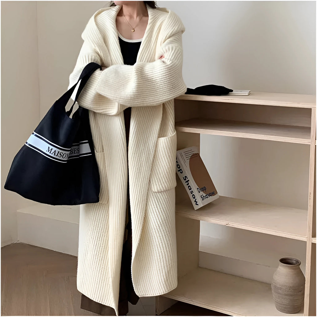 Loose fit hooded cardigan coat in acrylic fabric with extended length and raglan sleeves