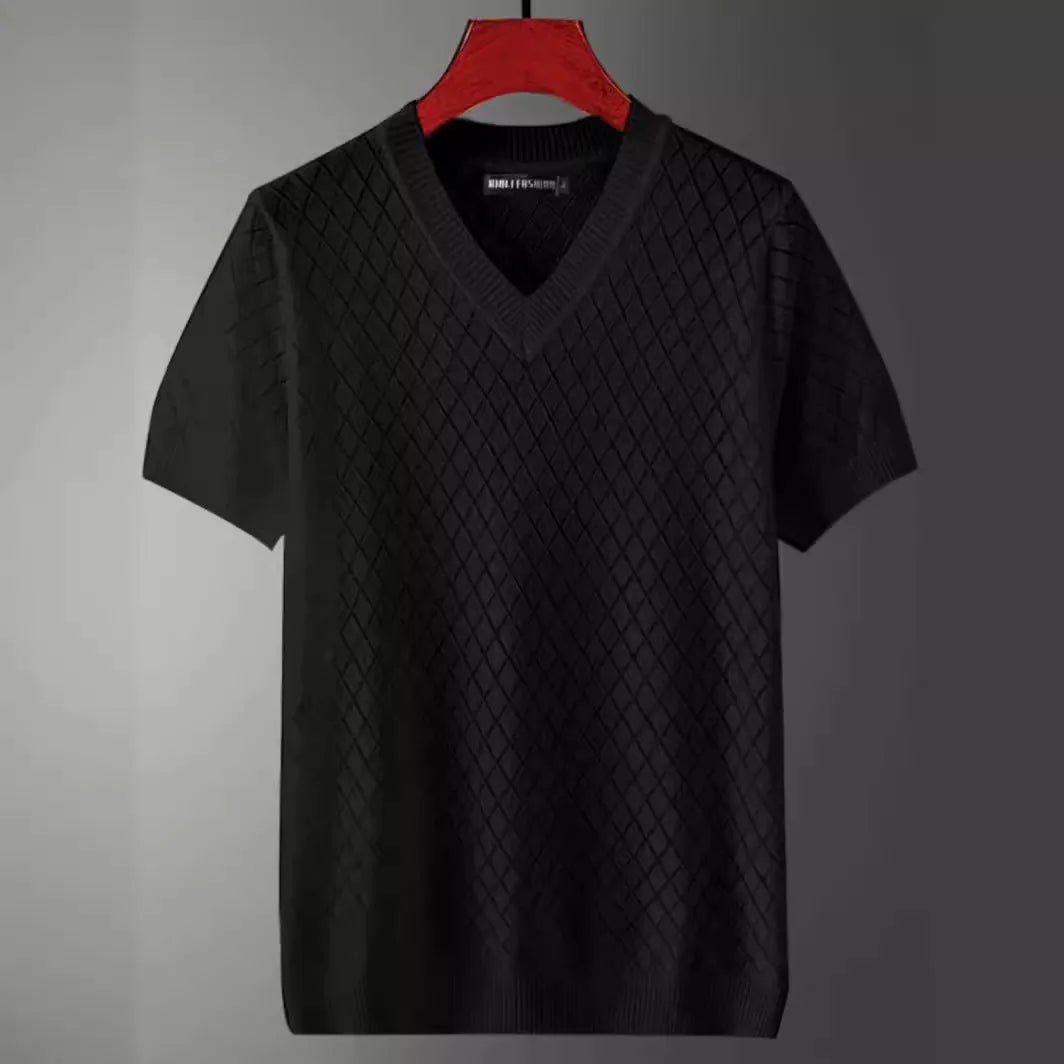 Men's Korean style V-neck cut-out t-shirt in black and white colour options