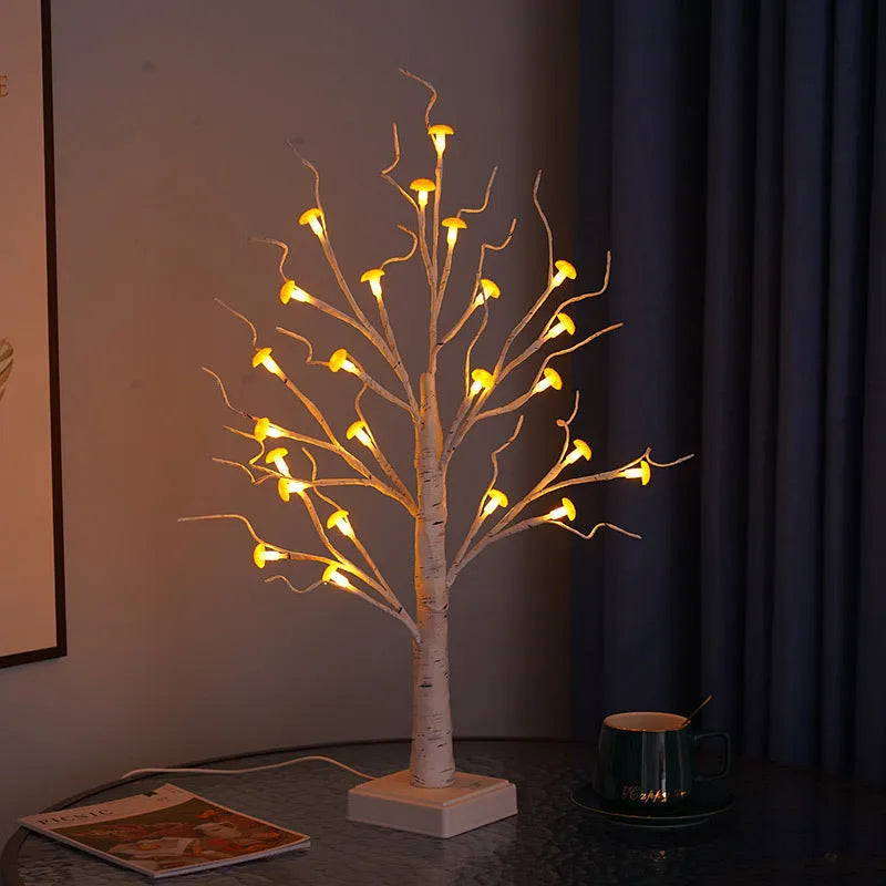 60cm tall mushroom tree lamp with birch trunk and 24 detachable mushroom flowers emitting warm white light