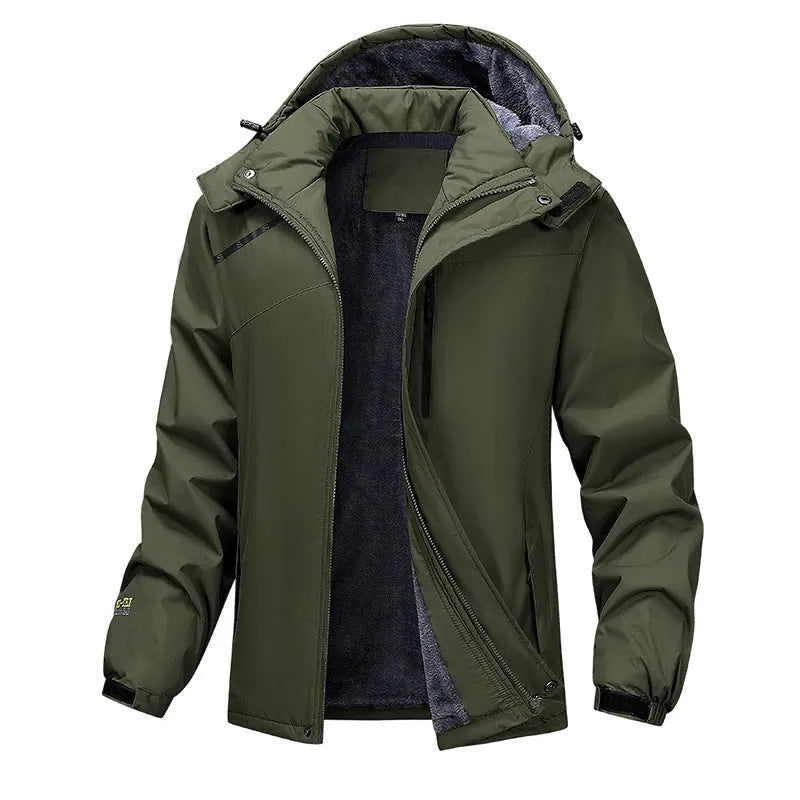 Men's plus size waterproof hooded coat in army green, shown on a model for fit.