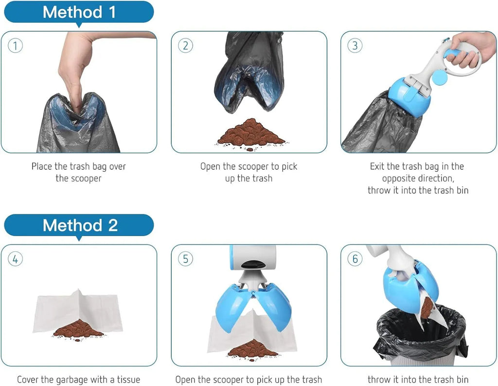A black ABS plastic pet pooper scooper with a built-in trash bag holder and a carrying hook.