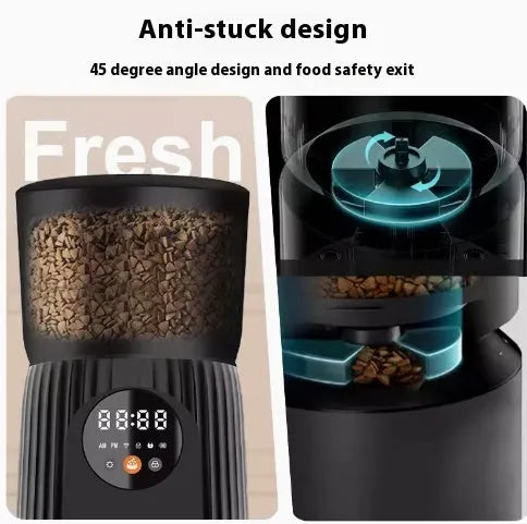 Black intelligent pet feeder with digital display showing feeding schedule