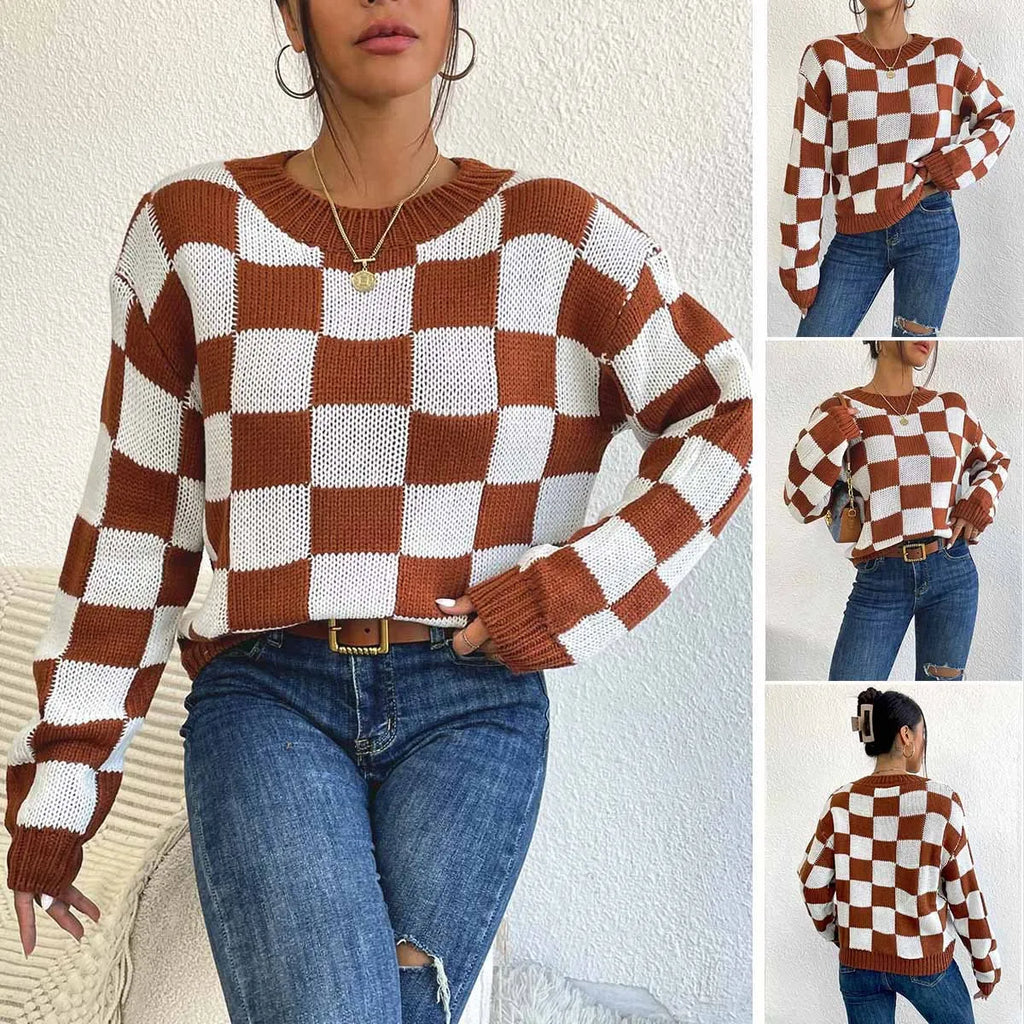 Dark brown plaid pattern loose fit acrylic pullover sweater with round neck and long sleeves