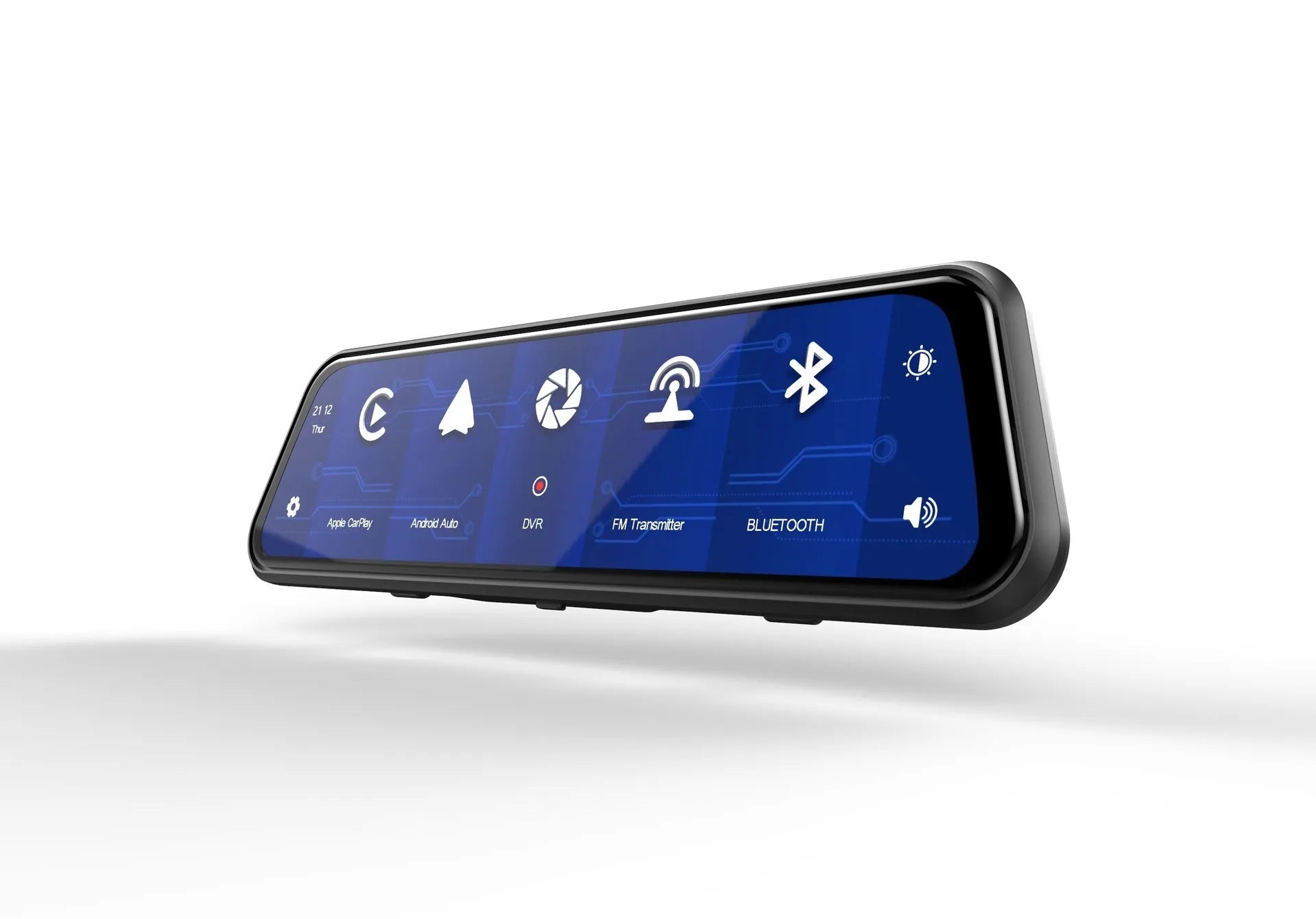 Black dual-lens car dash cam with a large touchscreen mounted on a rearview mirror