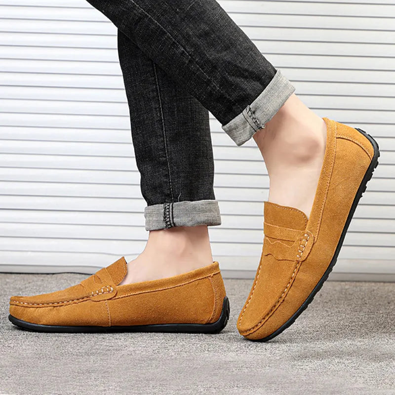 Men's solid colour suede loafers with a round toe and flat rubber sole