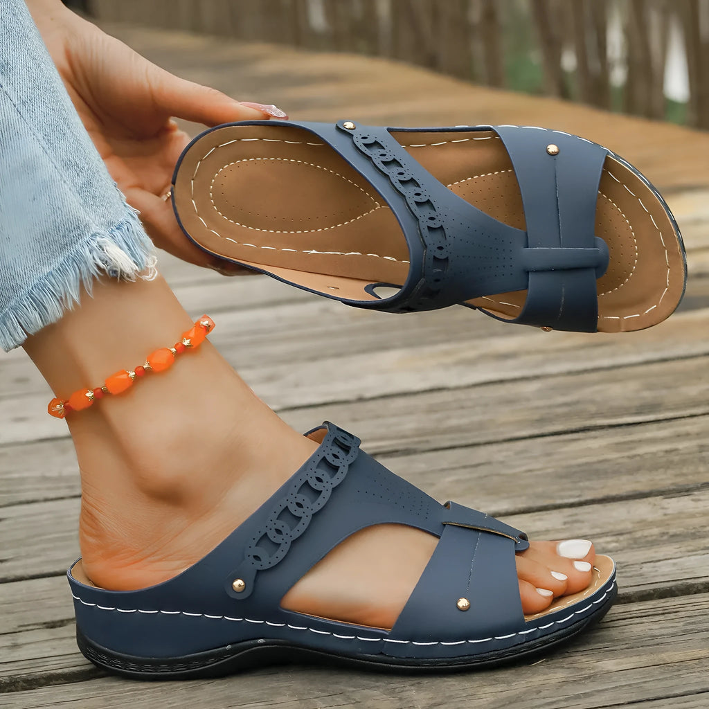 Roman style slope heel slippers with fish mouth toe holder in multiple colour options