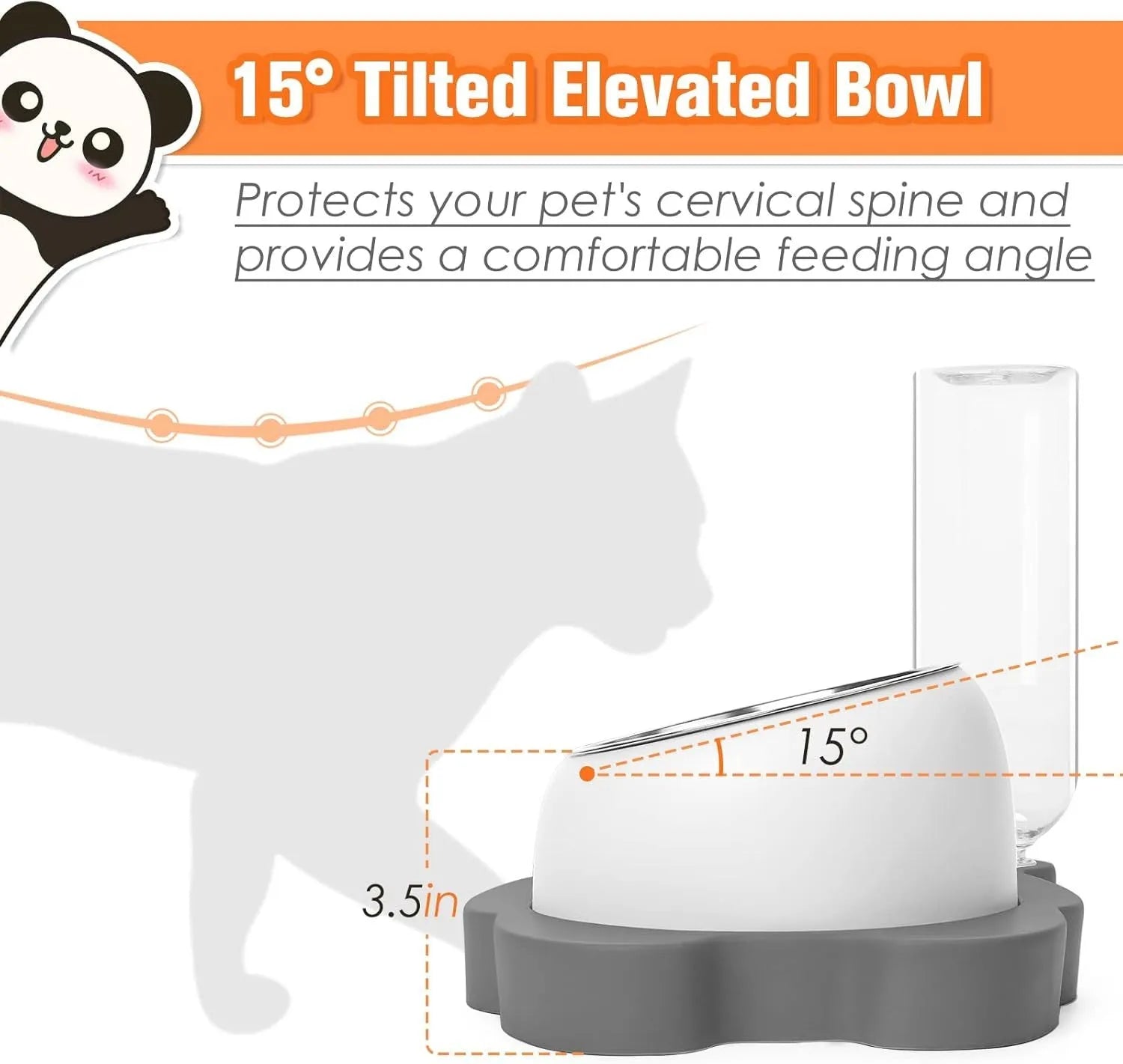 Grey panda-shaped tilted pet bowl set with automatic water bottle and stainless steel bowls