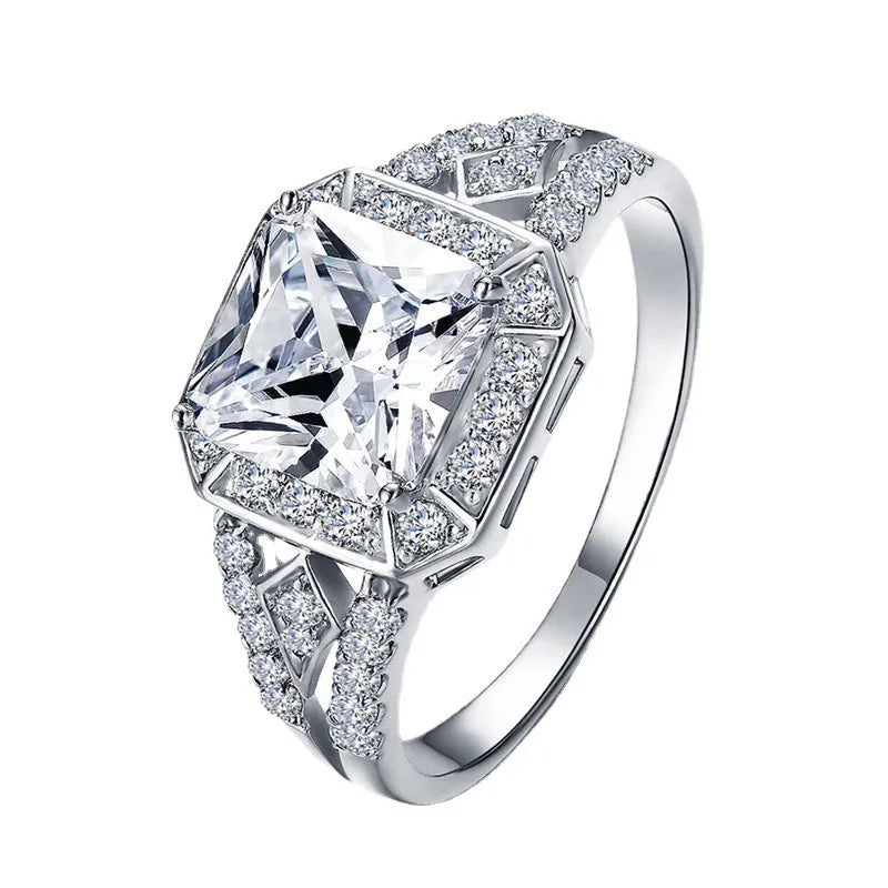 Geometric hollow zircon ring in platinum finish, quadrilateral design, women's jewellery