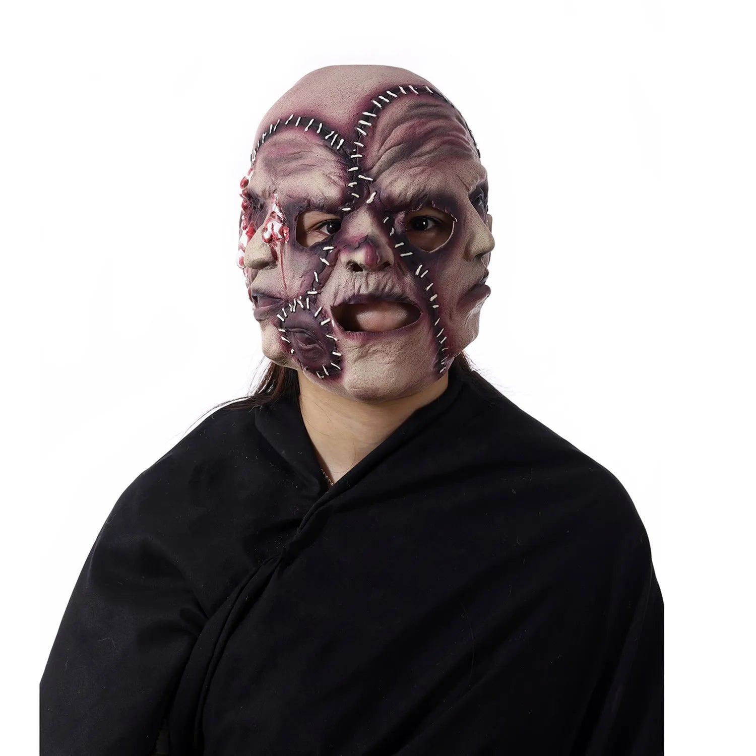 Three-sided grimace horror Halloween mask showing detailed latex texture and facial expression