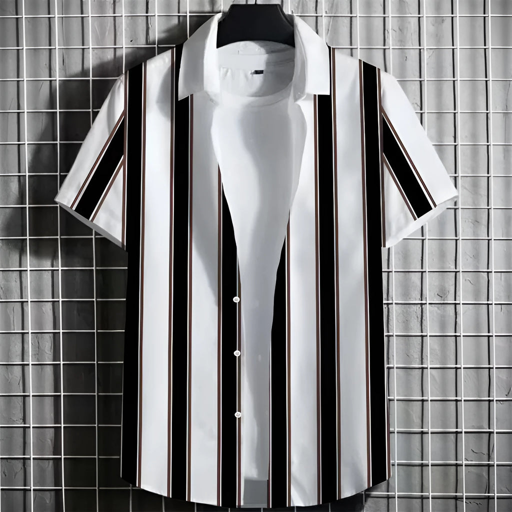 Men's striped linen short sleeve t-shirt with 3D printing texture, laid flat.