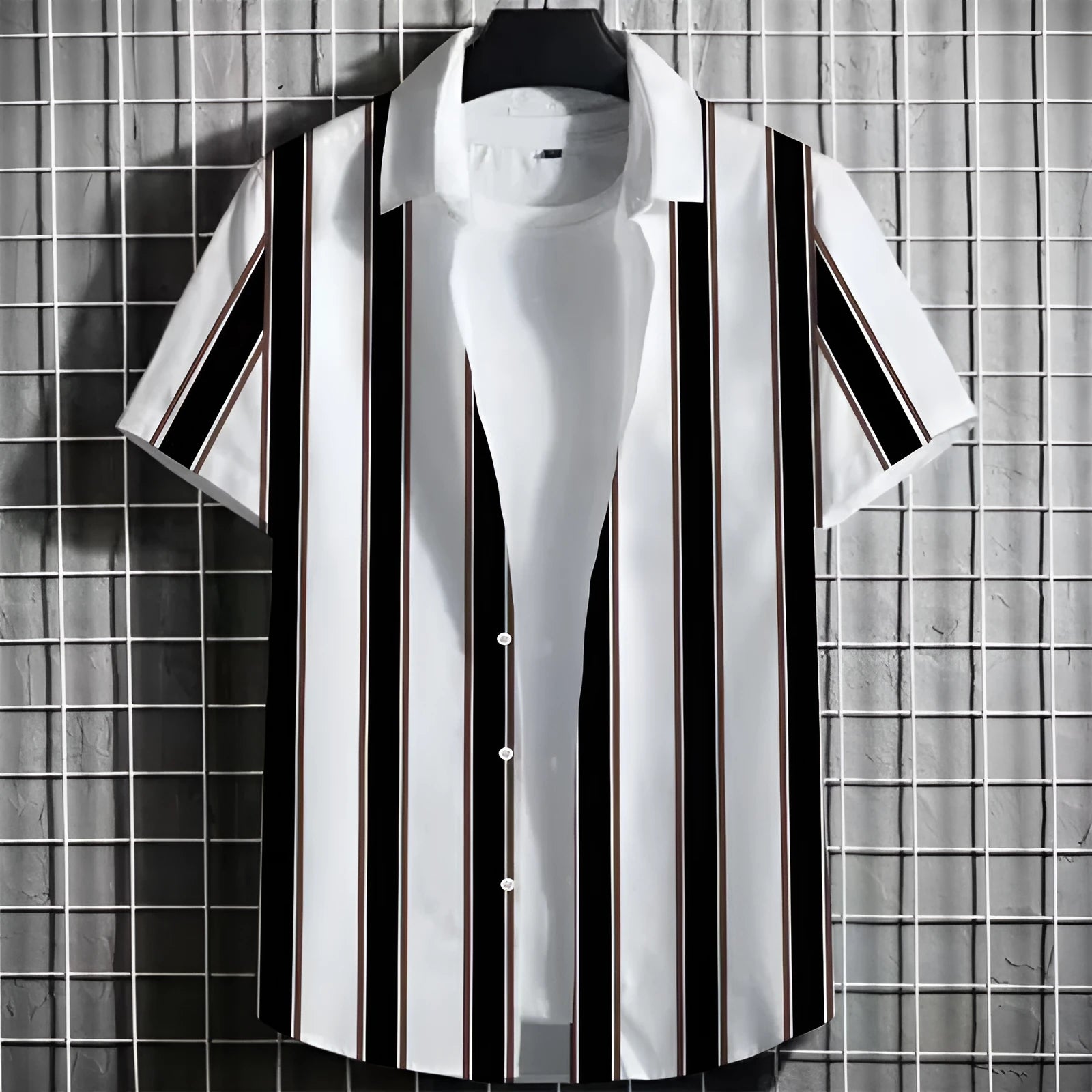 Men's striped linen short sleeve t-shirt with 3D printing texture, laid flat.