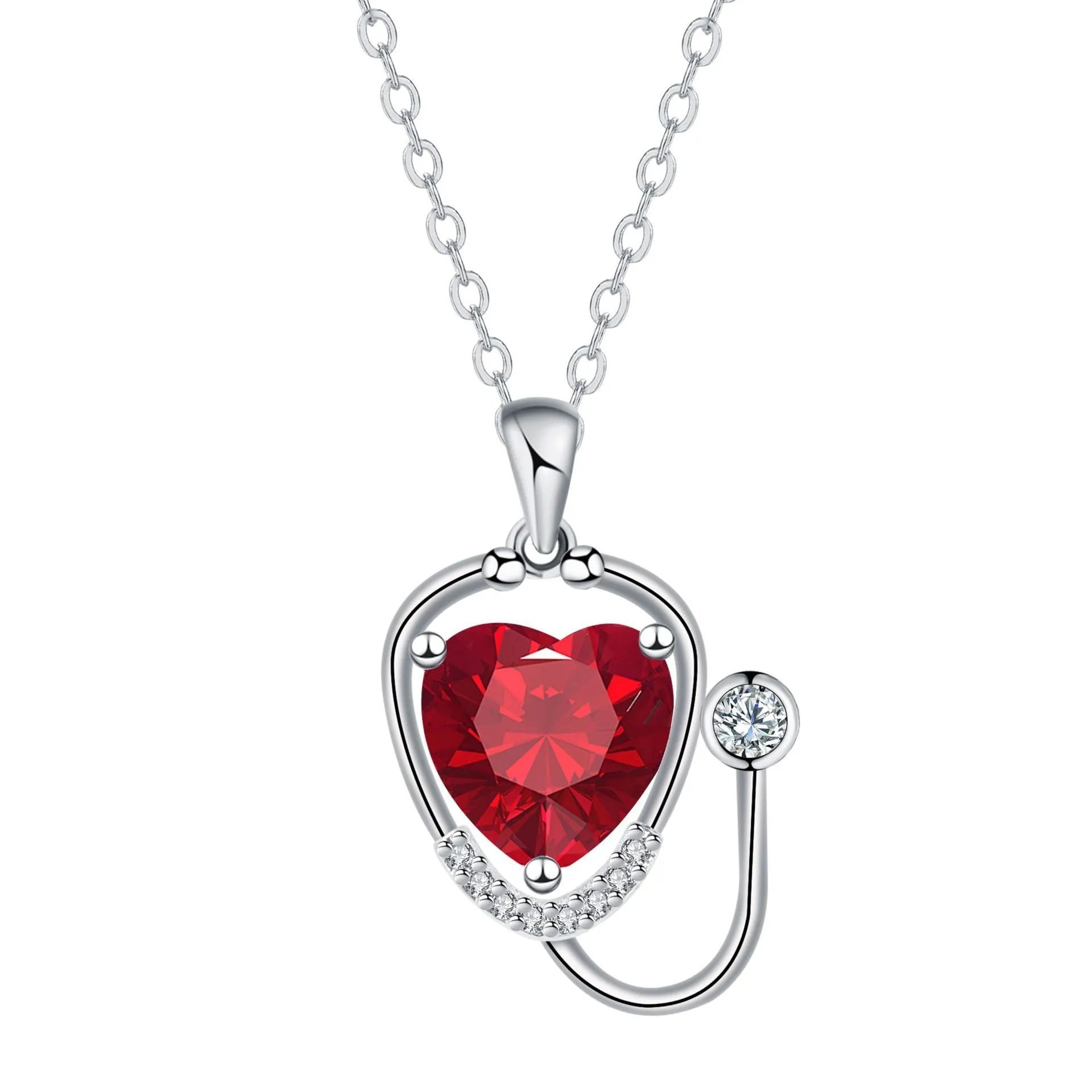 Women's copper necklace with a red diamond electroplated pendant showing stethoscope, wings, and cross design.