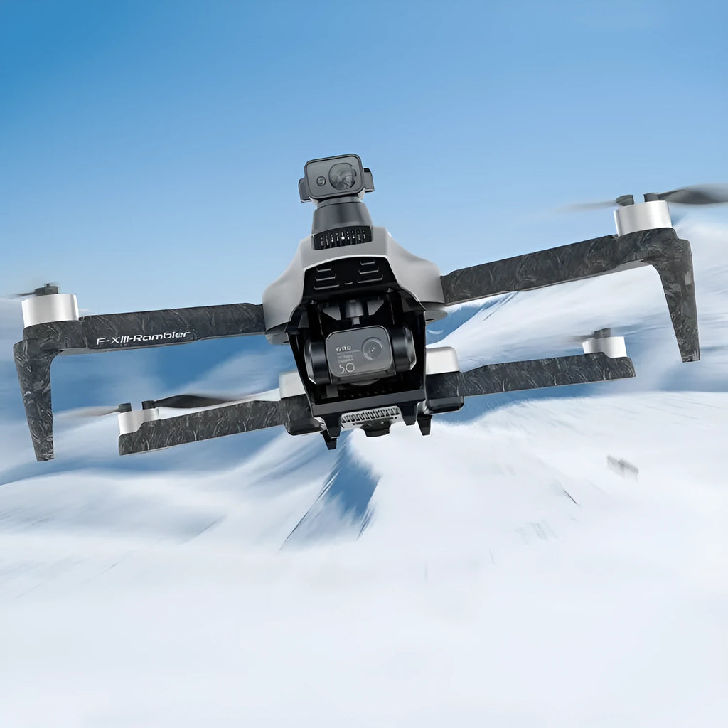 White foldable quadcopter drone with camera, remote control, flight batteries, and shoulder bag laid out.