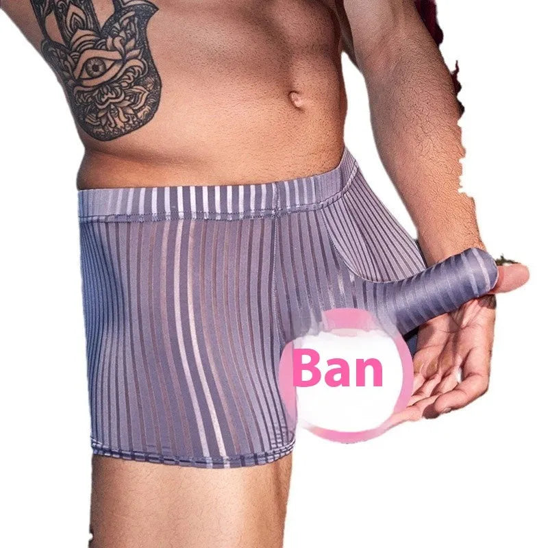 Men's vertical stripe nylon boxer briefs underwear in black, white, and dark grey colours