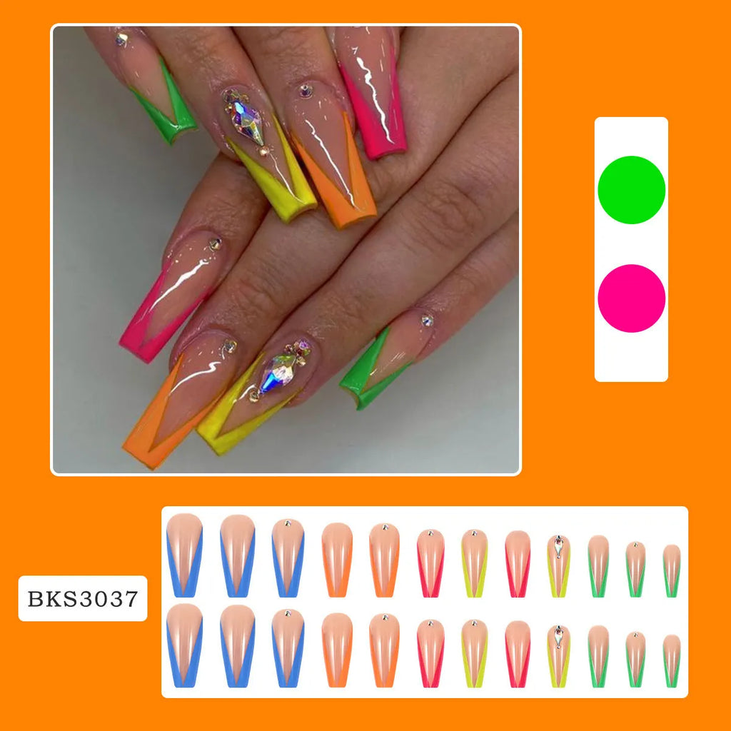 Diamond colour French false nail tips with red love heart and cross cartoon patterns.